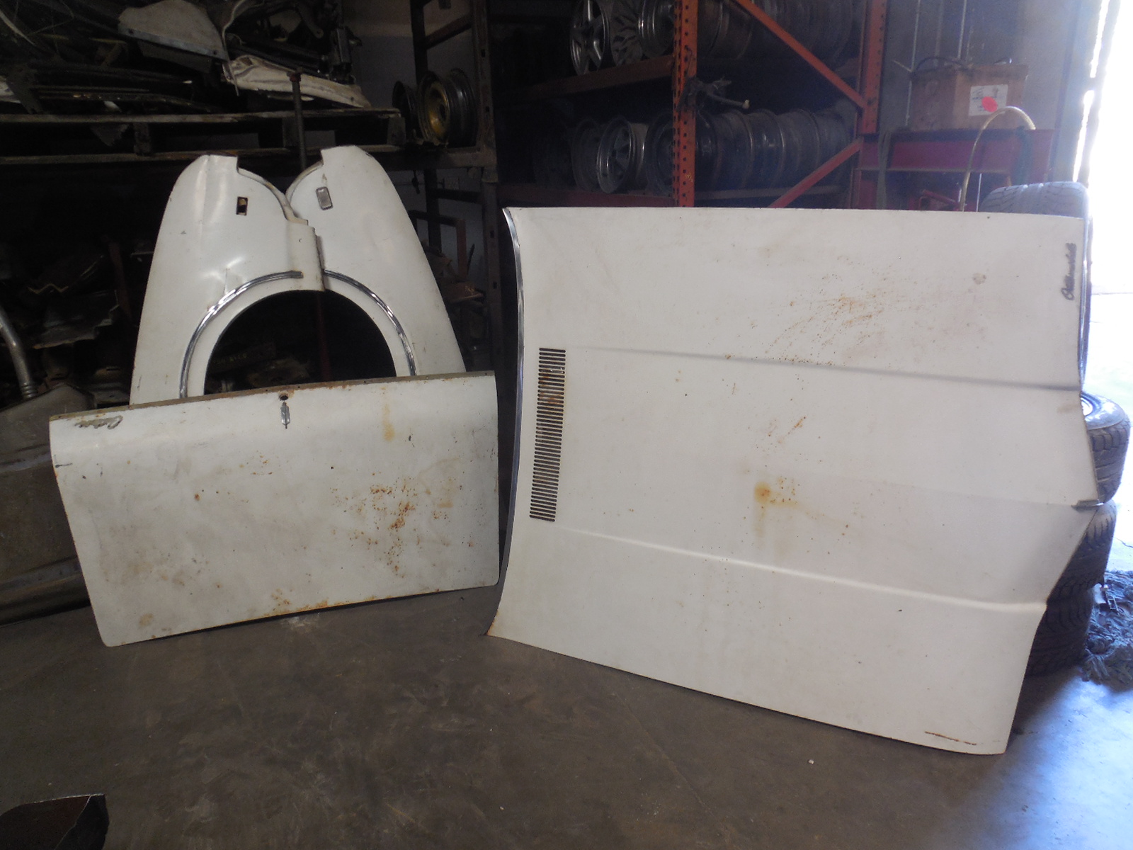 New Arrivals! 1968 Oldsmobile Cutlass Hood, Fenders, and Deck lid. 